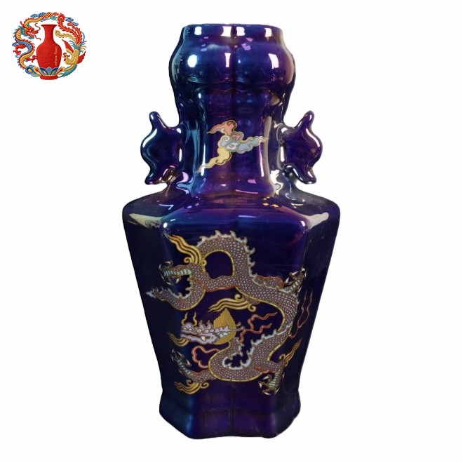 Iridisan Blue Glaze dragon vaz/Qing Dinasti