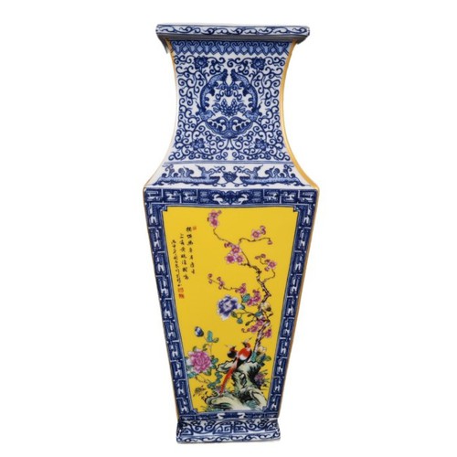 Qianlong Blue and White and Overglaze Square Vase Qianlong Blue and White and Overglaze Square Vase